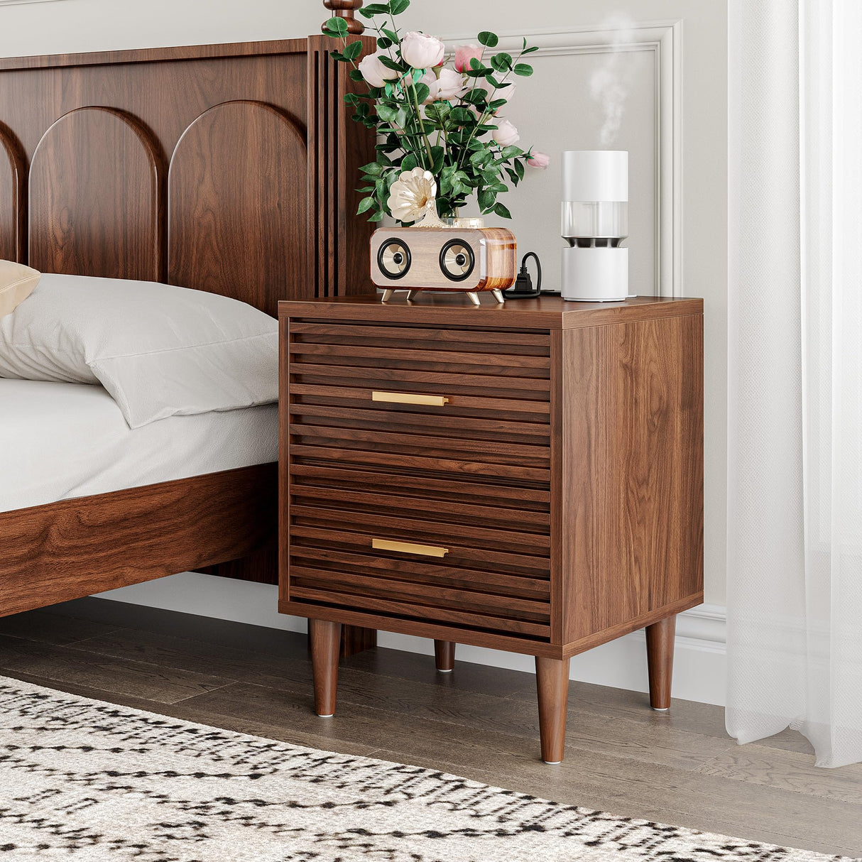 Whalefall Night Stands with Charging Station Set of 2, Mid Century Modern Nightstand, Fluted Bedside Table with Drawer, End Table Bed Side Tables for Bedroom, Accent Tables with Wood Legs, Brown 2pcs Whalefall