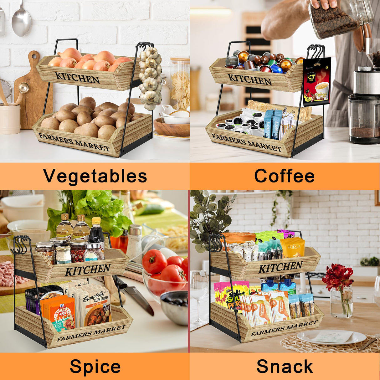 Esbainia Fruit Basket for Kitchen Countertop, 2 Tier Fruit Bowl with 3 Banana Hangers, Large Capacity Fruit Stand Storage Holder, Wooden Basket for Fruit Vegetables Snack, Kitchen Organizer Decor Esbainia