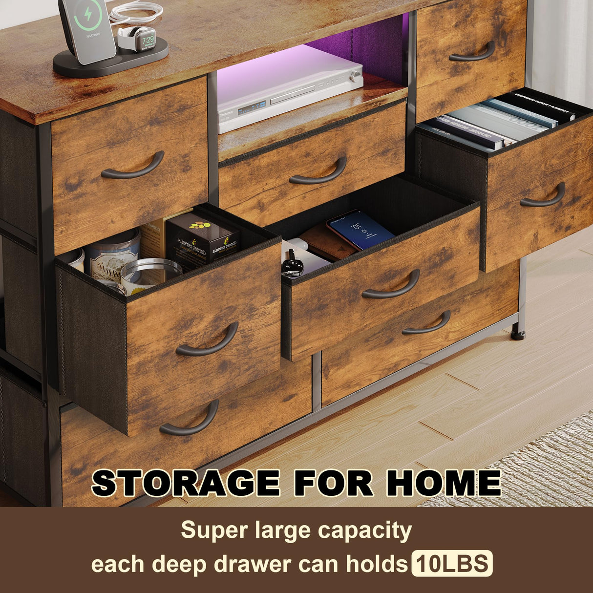 EKNKOZY Dresser TV Stand with 8 Drawers, Dresser TV Stand with LED Lights & Power Outlets, Bedroom Dresser, Chest of Drawers for 55'' Long TV, Wide Fabric Dresser (Rustic Brown) EKNKOZY