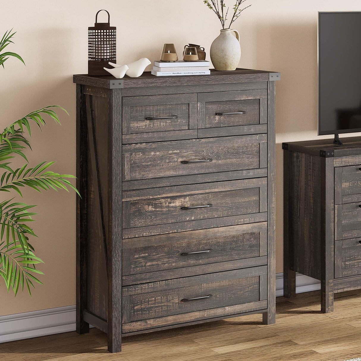 YITAHOME 6 Drawer Dressers, Wood Dressers Chests of Drawers, Modern Dresser with Open Shelf Storage for Room, Entryway, Hallway, Dark Rustic Oak YITAHOME