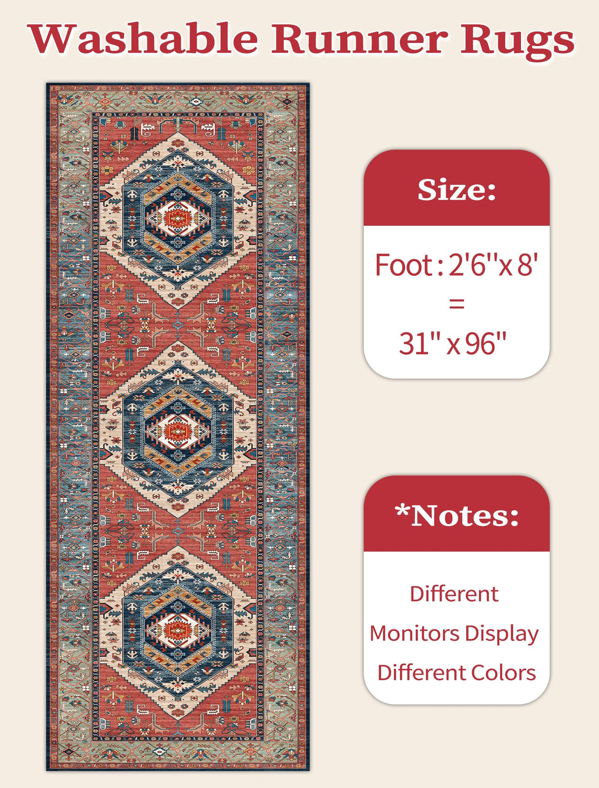 SERISSA Boho Washable 2'6"x8' Non-Slip Vintage Rust Hallway Kitchen Runner Rug - Ultra Soft Print Distressed Tribal Floor Carpet for Bedroom Bathroom Laundry Room SERISSA
