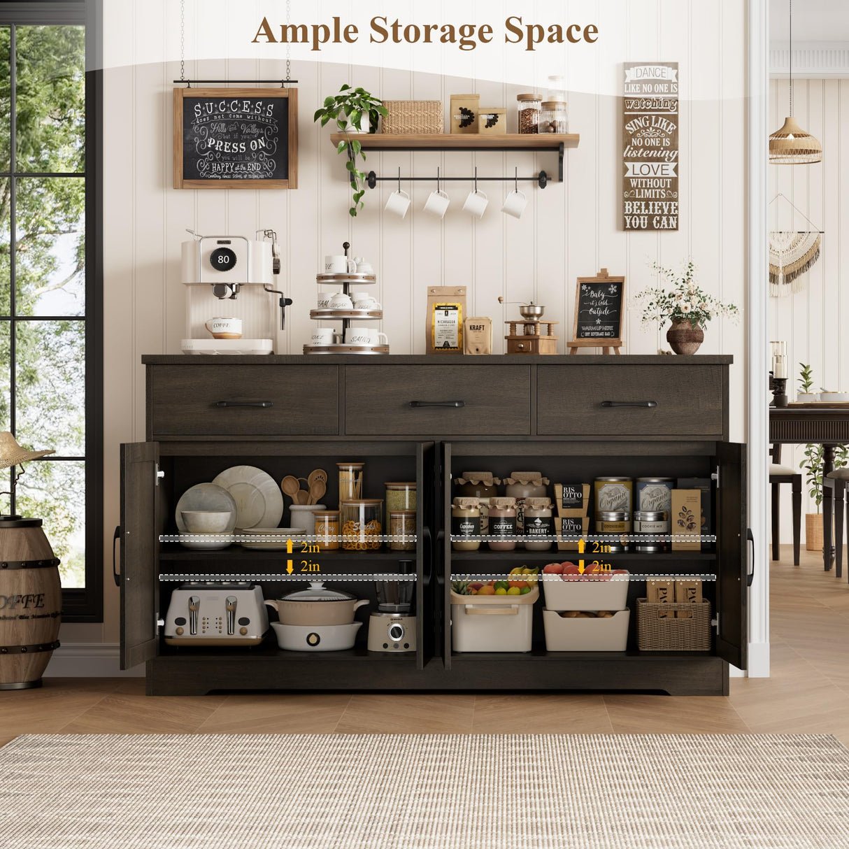 HOSTACK 59" Large Buffet Cabinet with Storage, Farmhouse Sideboard Buffet Cabinet with 3 Drawers, Wood Kitchen Coffee Bar with Doors and Shelves, Long Sideboard Table for Dining Room, Dark Brown HOSTACK