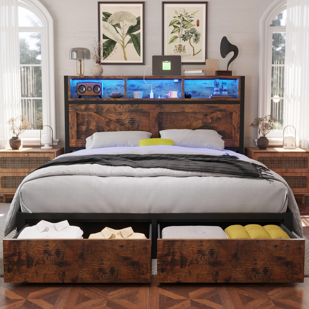 Farmhouse Full Bed Frame with Bookcase Headboard and Storage Drawers ...