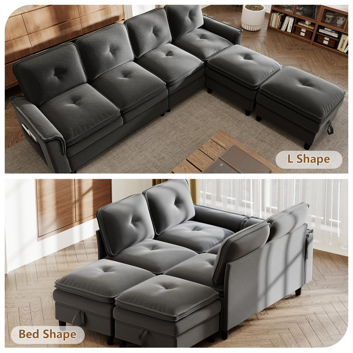 Vlsrka 100" Modular Sectional Cloud Couch with Storage Ottoman, 4-Seater Teddy Velvet Deep Seat Modern Sofa with Removable Cushion for Living Room, Bedroom and Apartment (Dark Grey) Vlsrka