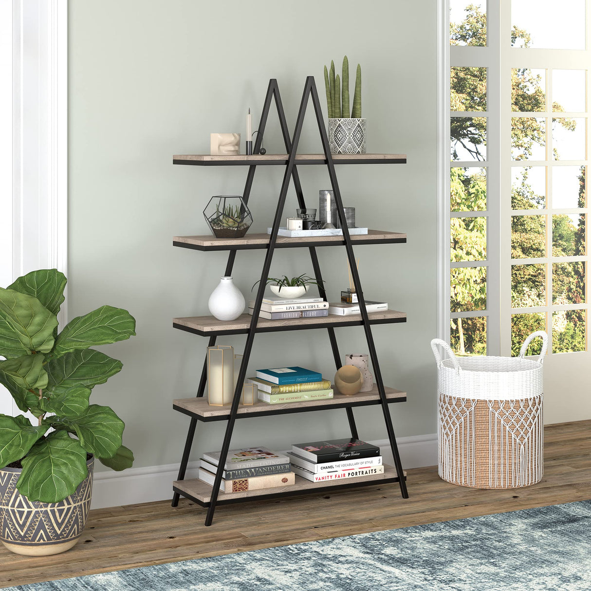 Henn&Hart 68'' Tall A-Frame Bookcase in Blackened Bronze/Antiqued Gray Oak, for Home, Living Room, Bedroom, Entertainment Room, Office Henn&Hart