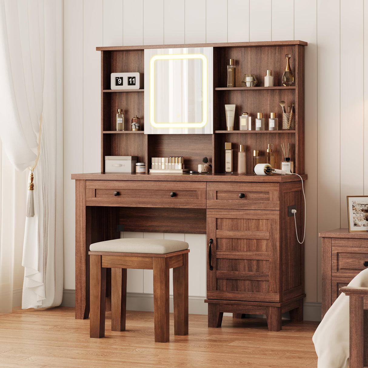 Farmhouse Makeup Vanity Desk with solid wood stool, Makeup Vanity with Mirror and Lights & Power Outlet, Makeup Table with 2 Drawers, Dressing Table with Glass Top for Bedroom Dressing Room, Brown GarveeHome