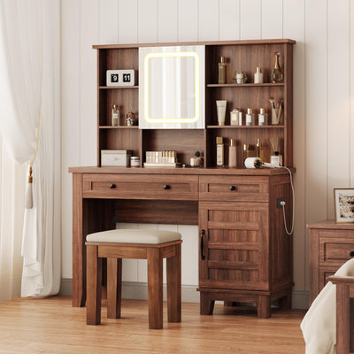 Farmhouse Makeup Vanity Desk with solid wood stool, Makeup Vanity with Mirror and Lights & Power Outlet, Makeup Table with 2 Drawers, Dressing Table with Glass Top for Bedroom Dressing Room, Brown