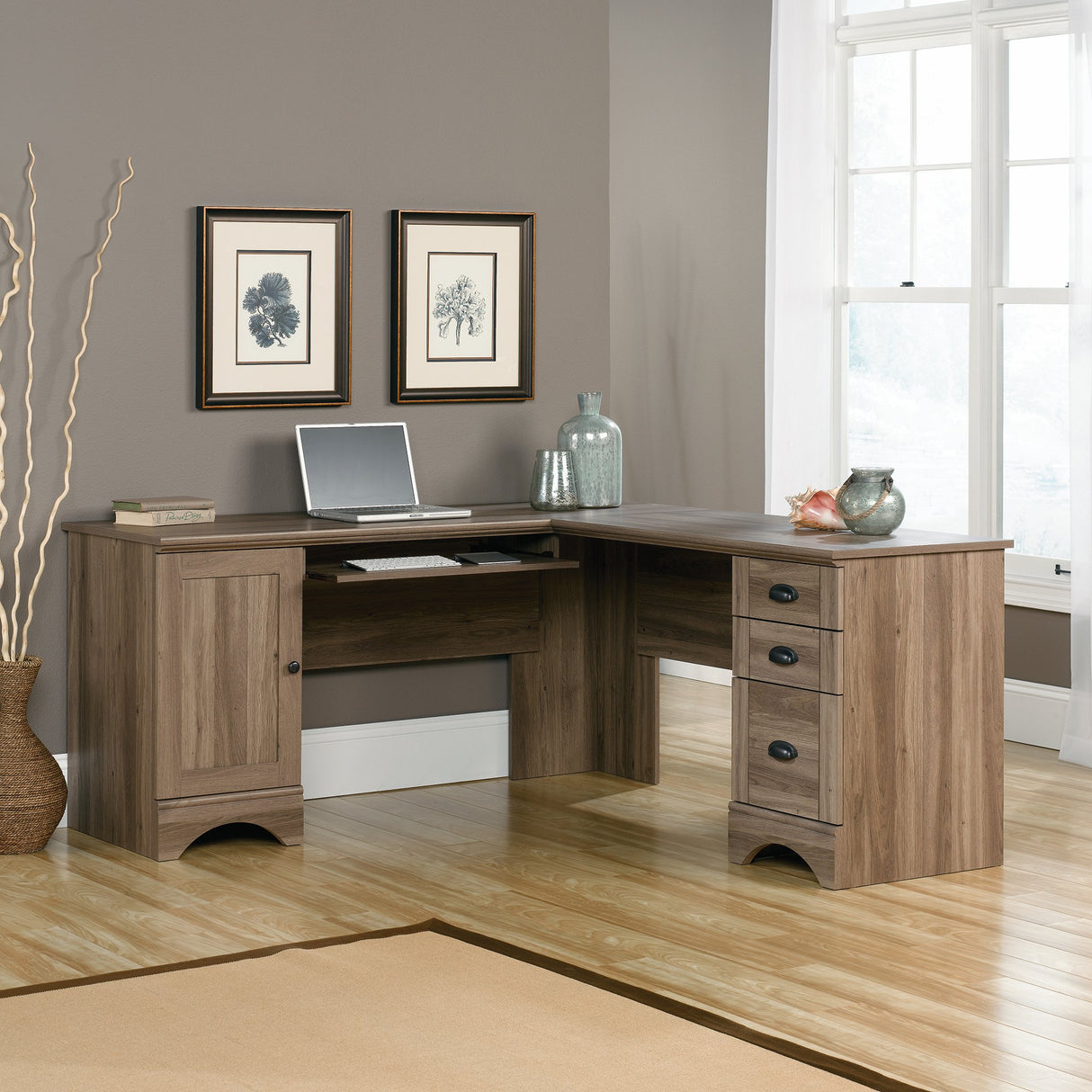 Sauder Harbor View Computer Desk, 66.14"D x 66.14"W x 30.28"H , Salt Oak finish Sauder