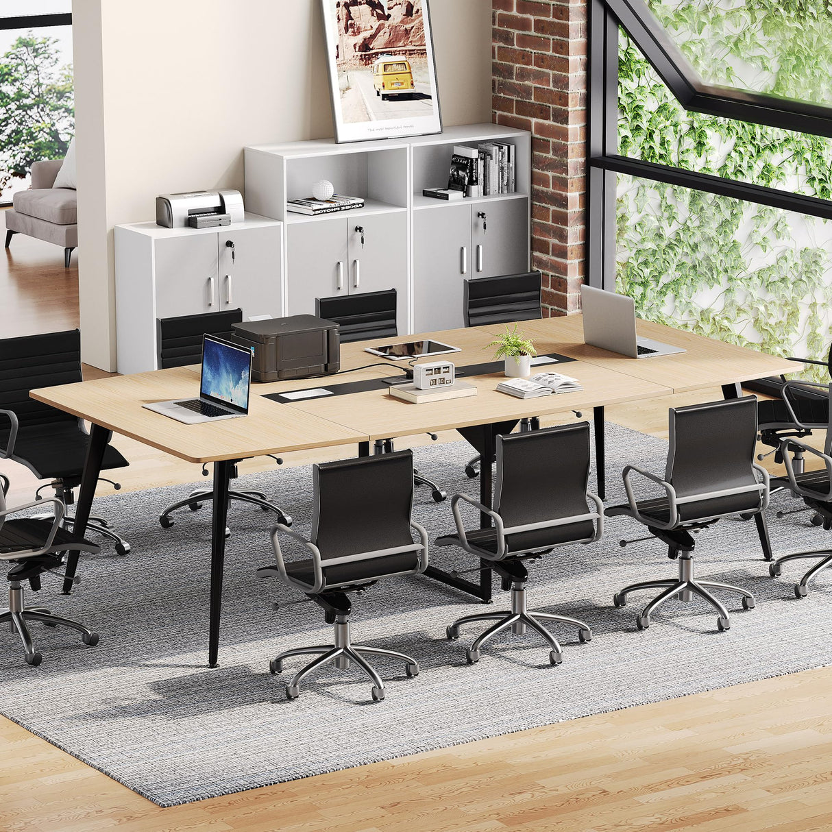 DWVO 8FT Conference Table, 94.5" Boat Shaped Meeting Table with Power Outlets & Rectangle Grommet, Modern Seminar Table for Office Conference Room, Boardroom Desk DWVO