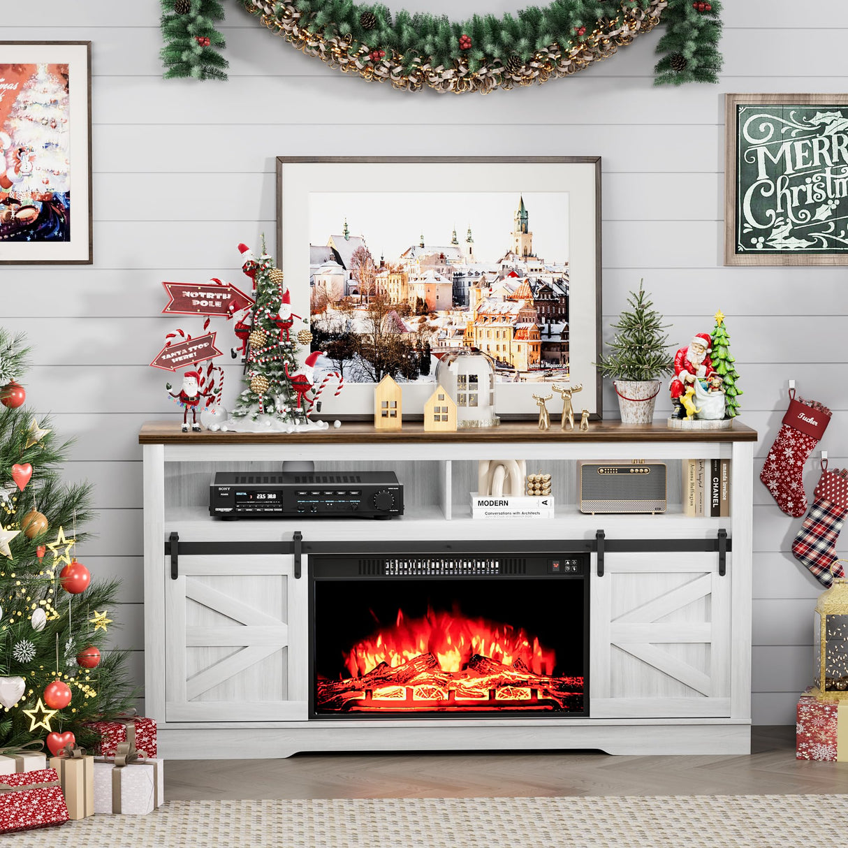 Furniwell Electric Fireplace TV Stand for TVs up to 65", Entertainment Center with 26” Fireplace Console Table with Sliding Barn Door and Adjustable Storage Shelves for Living Room (White) Furniwell