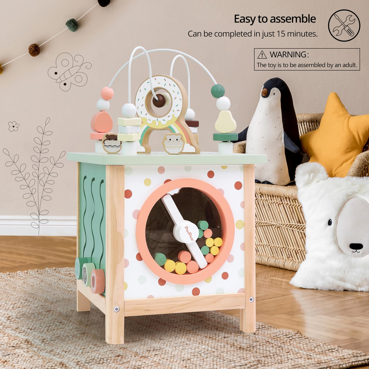 PairPear Wooden Activity Cube Montessori Toys Wooden Play Cube Activity Center Baby Busy Board Multifunctional Early Educational Development Toys Sensory Gifts for Toddlers Girls Boys 1 2 3 Year Old PairPear