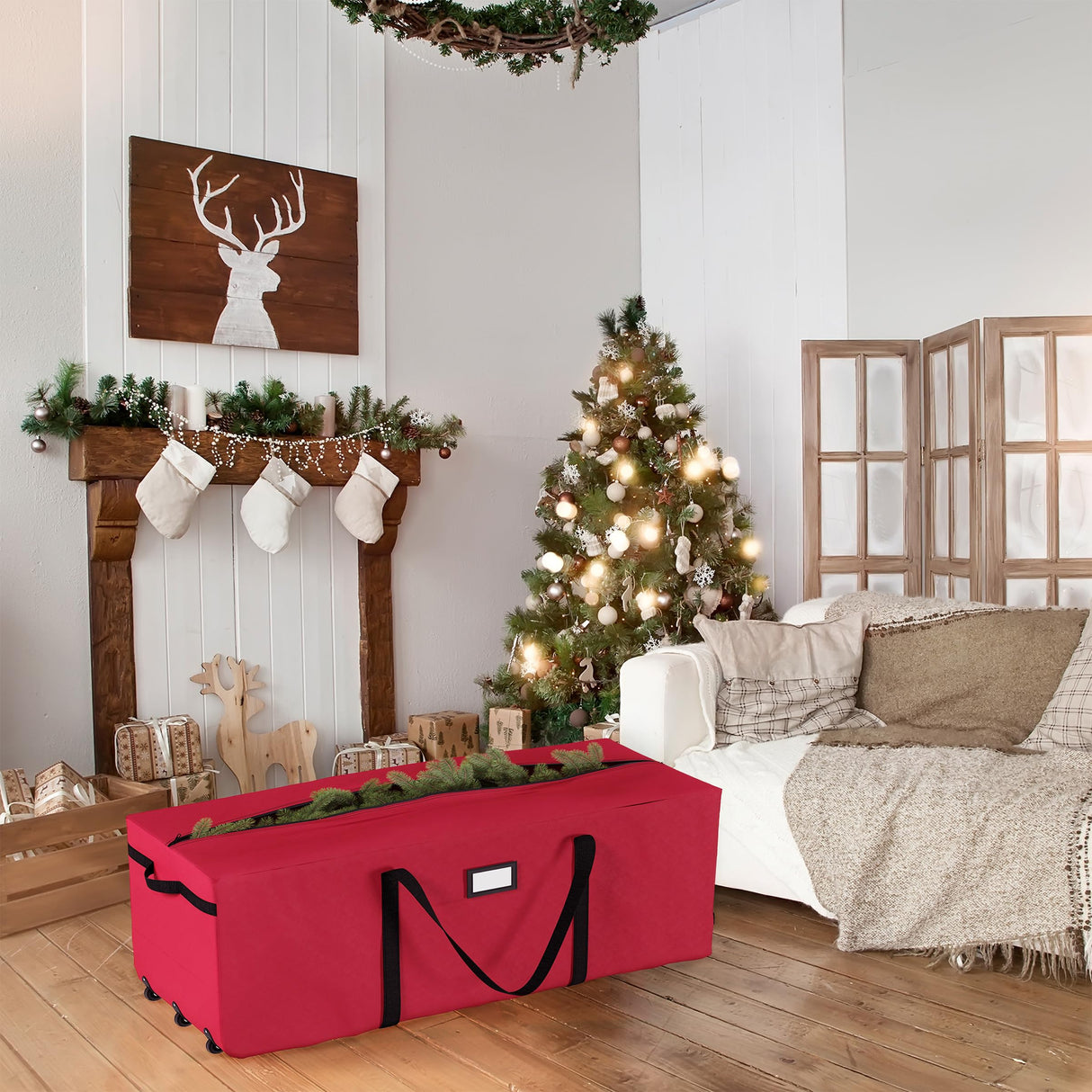 Christmas Tree Storage Bag with Wheels - Canvas Duffel for 12-Foot Fake Trees and Protecting Holiday Decorations and Inflatables by Elf Stor (Red) Elf Stor