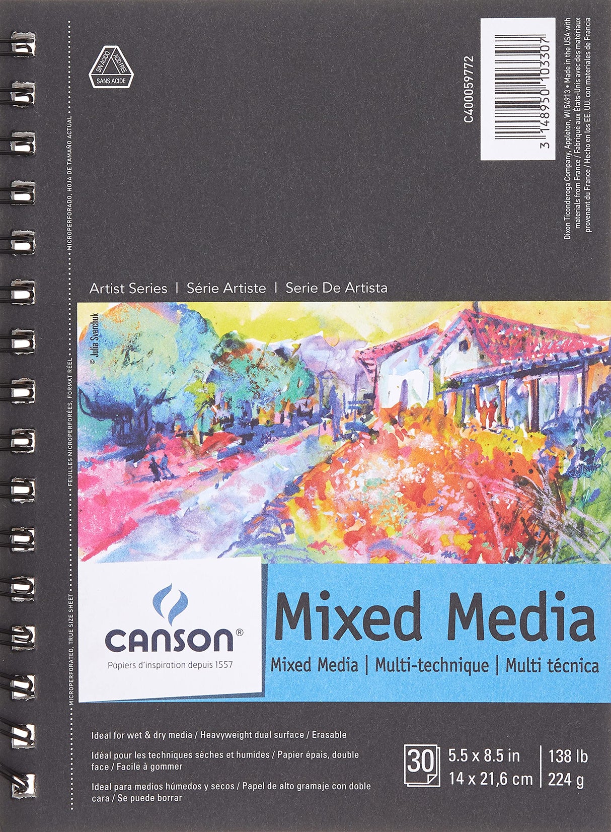 Canson Artist Series Mixed Media Paper, Wirebound Pad, 5.5x8.5 inches, 30 Sheets (138lb/224g) - Artist Paper for Adults and Students - Watercolor, Gouache, Graphite, Ink, Pencil, Marker Canson