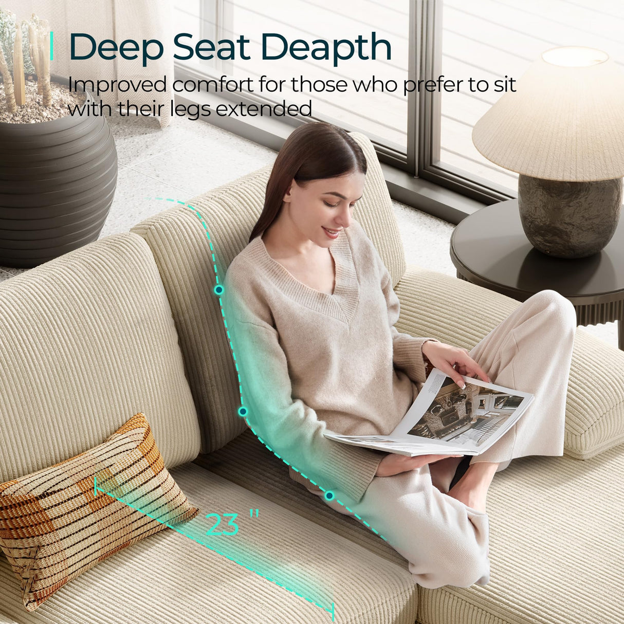 LINSY HOME Sectional Couch, 111'' W Corduroy U Shaped Sofa with Sleepable Armrests, 4 Seat Couch with Double Chaises, Deep Seat Sofa for Living Room, Beige LINSY HOME