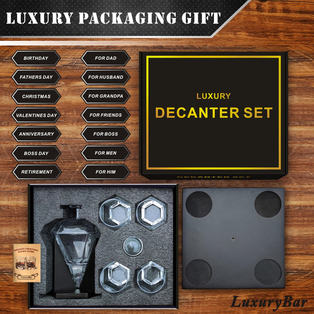 Diamond Whiskey Decanter Set with Glasses,Whiskey Decanter Sets for Men,Whiskey Set Gifts for Men,Bourbon Birthday Gifts for Men Gifts for Dad Gifts for Him Boyfriend Mens Gifts for Chrismas Gifts Men LuxuryBar