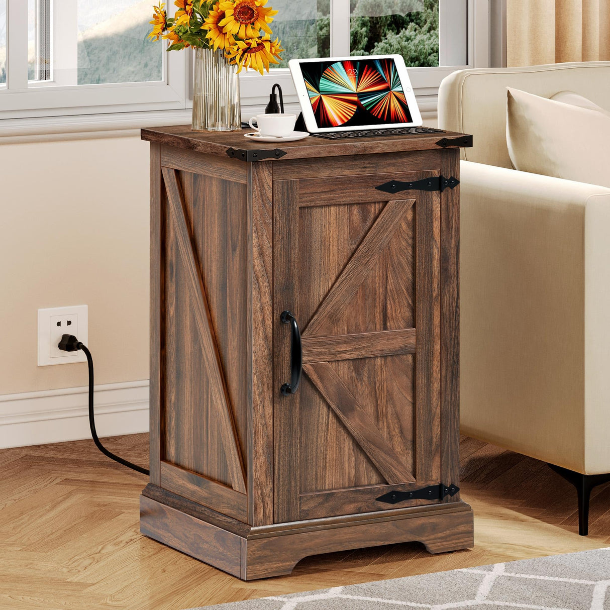 YITAHOME Farmhouse End Table Living Room, Side Table with Charging Station & Adjustable Storage Shelf, Nightstand Bedside Table Coffee Table for Bedroom, Living Room, Walnut YITAHOME