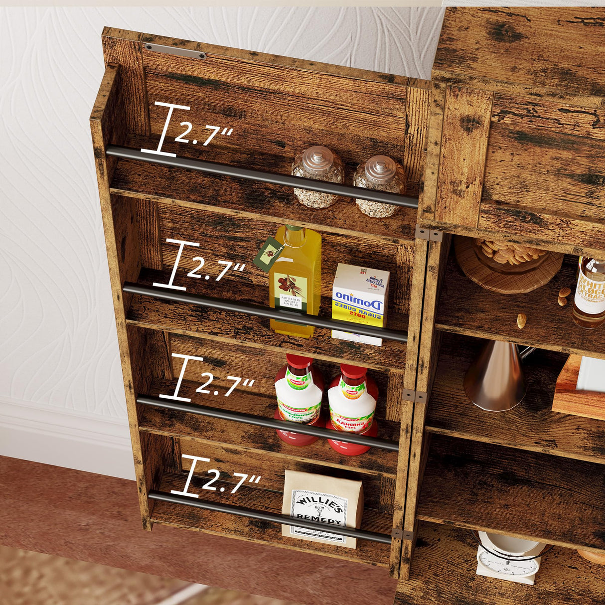 IRONCK Kitchen Pantry 72" Height, with 8 Hanging Shelves, 2 Drawers and Open Storage Cabinet, Freestanding Cupboard for Dining Room Living Room,Vintage Brown IRONCK