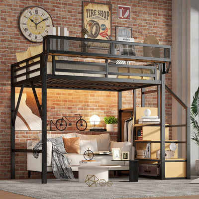 MoproBeti Full Size Loft Bed with Stairs, Metal Loft Beds Full with Storage Shelves, Adults Loft Bed with Wardrobe, Heavy Duty High Lofted Bed for Teens, No Box Spring Needed, No Noise, Black