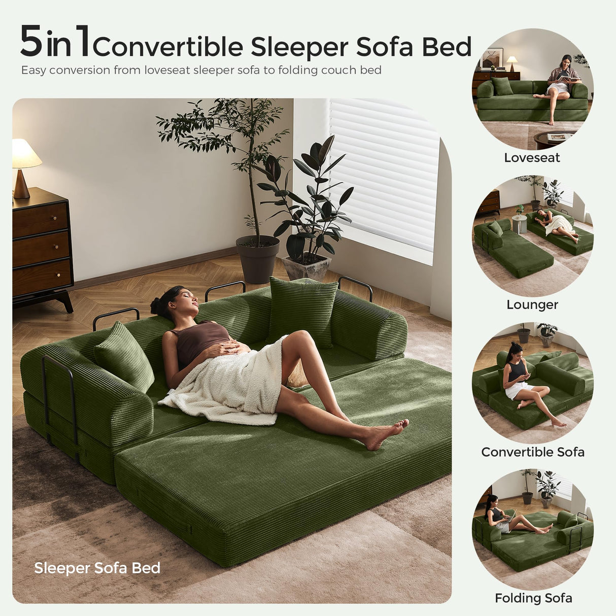 79" Convertible Sofa Bed with Fixed-Shape Frame & Removable Armrests, Modular Corduroy Sleeper Sofa, Folding Mattress Couch for Small Spaces - No Assembly Needed in Green (Includes 2 Pillows) SAVENICA