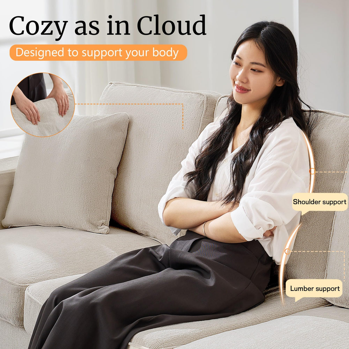 Couches for Living Room, 89 inch Cloud Couch Sofa in Chenile with Extra Comfy Soft Deep Seats, Modern 3 Seater Sofas for Living Room Bedroom Office Apartment, Beige Korser