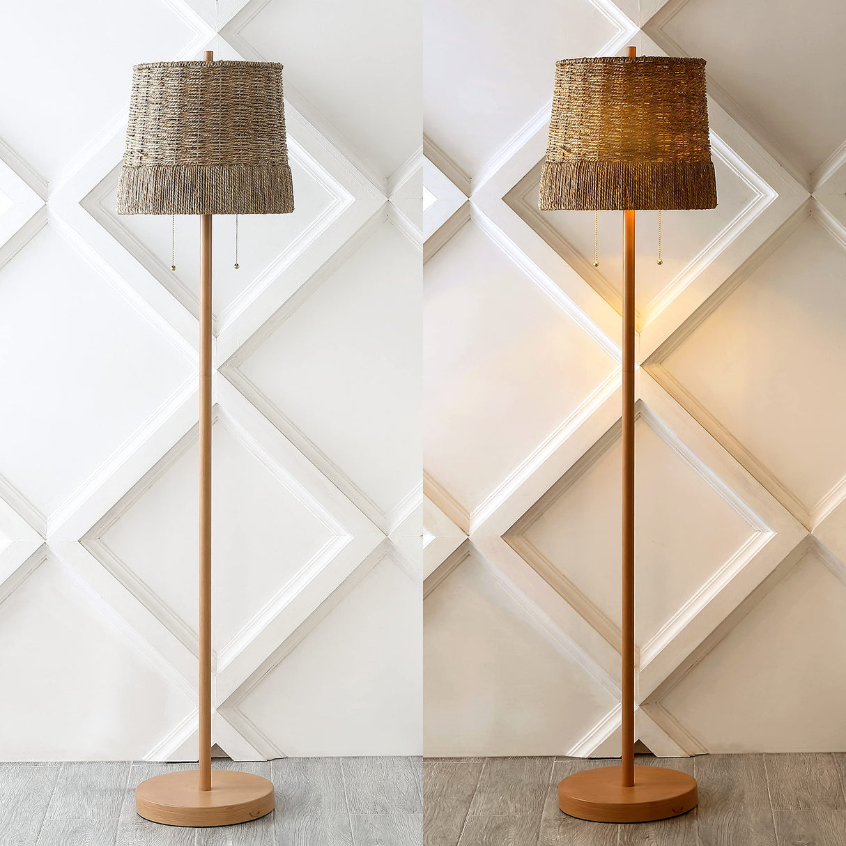 JONATHAN Y JYL3091A Ocata 61" 2-Light Coastal Bohemian Iron/Rattan LED Floor Lamp with Pull-Chain Farmhouse, Rustic Standing Reading Lamp LED Bulb Included, Brown Wood Finish JONATHAN Y