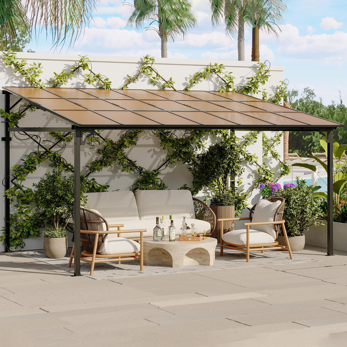 12' x 14' Gazebo for Patio, Large Wall Mounted Gazebos Pergola with Metal Frame, Hard Top Lean to Pergola, Outdoor Patio Lean to Metal Awnings Gazebos for Deck, Porch, Backyard Reljofum