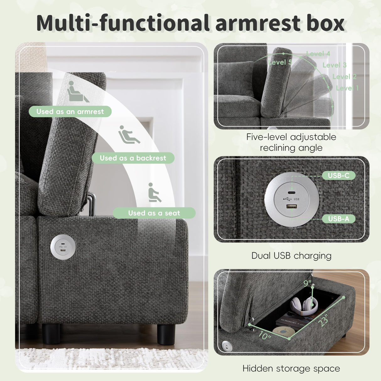 Merax 107'' L Shape Modular Sectional Pull-Out Sofa with Wide Seats & Movement Storage Ottoman & USB & Adjustable Armrests, Free Combination Oversize Chenille Sofa for Living Room & Apartment, Grey Merax