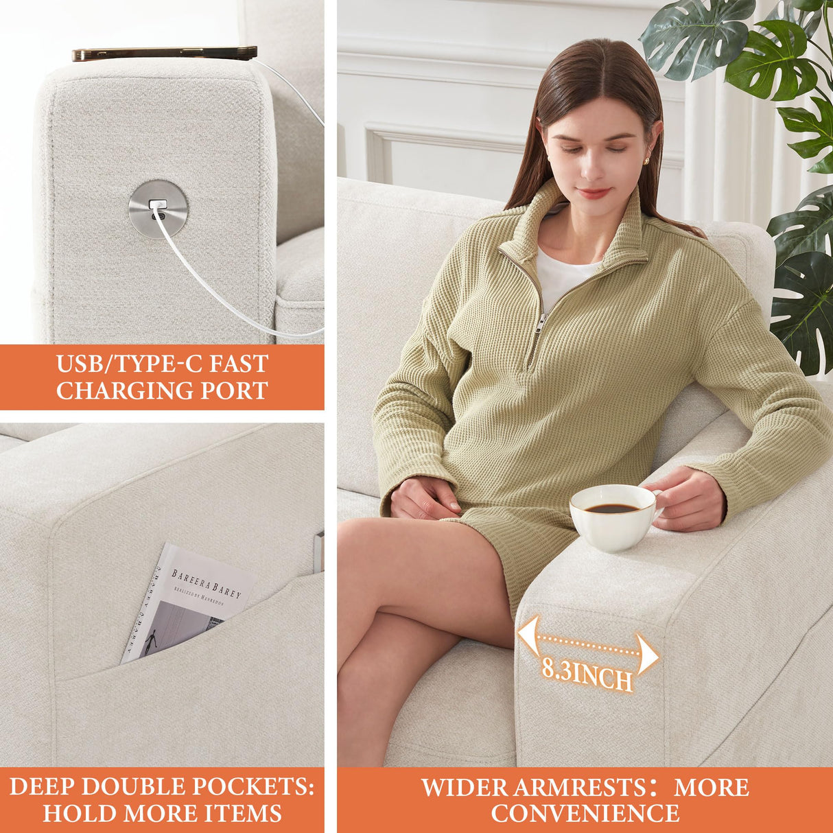 Ihanherry Sofa 70 Inch Loveseat with USB/Type-C Charging Port & Side Pocket, Comfy Modern 2-Seats Sofa for Living Room & Bedroom, Removable Medium Firm Sofa Cushion, Breathable Chenille Fabric, Beige Ihanherry