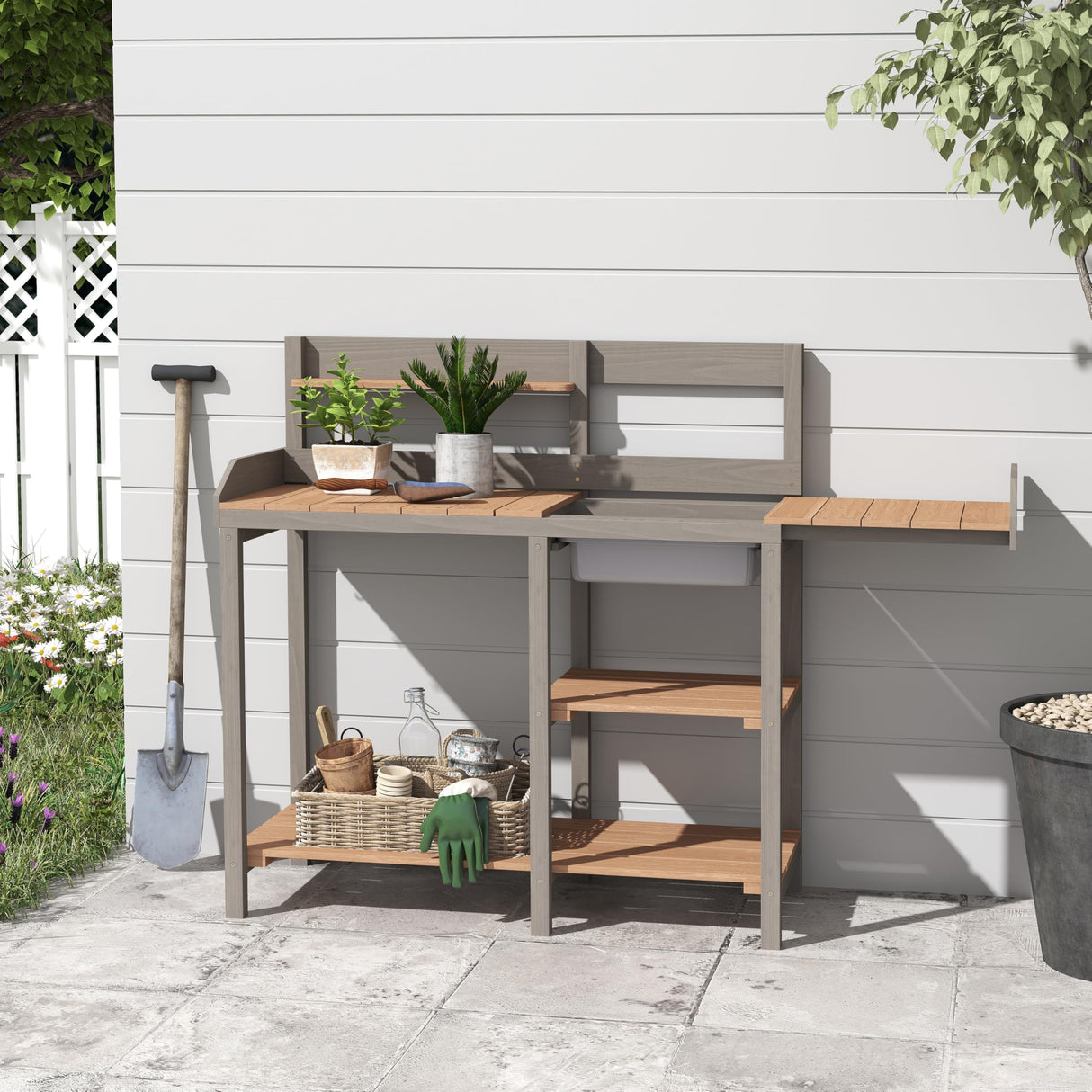 Wooden Potting Bench Table with Sink,Outdoor Garden Table Work Bench with Shelf, Workstation for Outside Lawn Patio Wood-Natrl