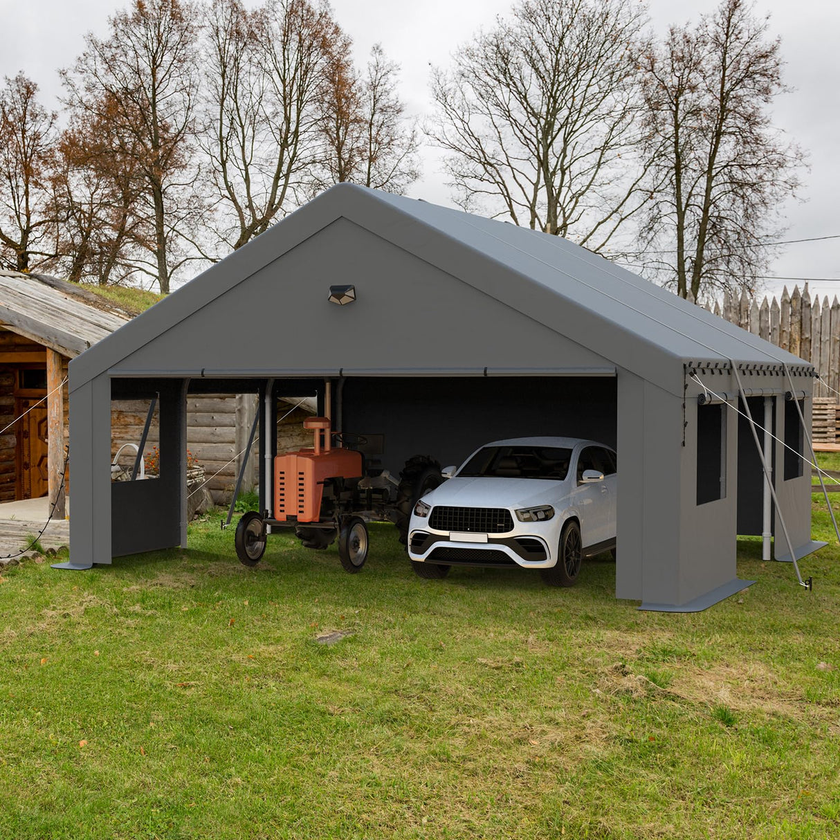 Benass 20x20 Carport Heavy Duty, Portable Garage 20x20 Heavy Duty, 2 Car Carport Canopy with Side Doors & Windows and Removable Sidewalls, Grey Benass