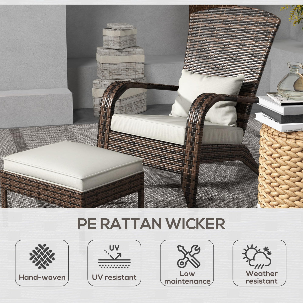 Outsunny Patio Wicker Adirondack Chair with Ottoman, Outdoor Fire Pit Chair with Cushions, High-Back, Large Seat & Armrests for Deck, Garden & Backyard, Cream White Outsunny