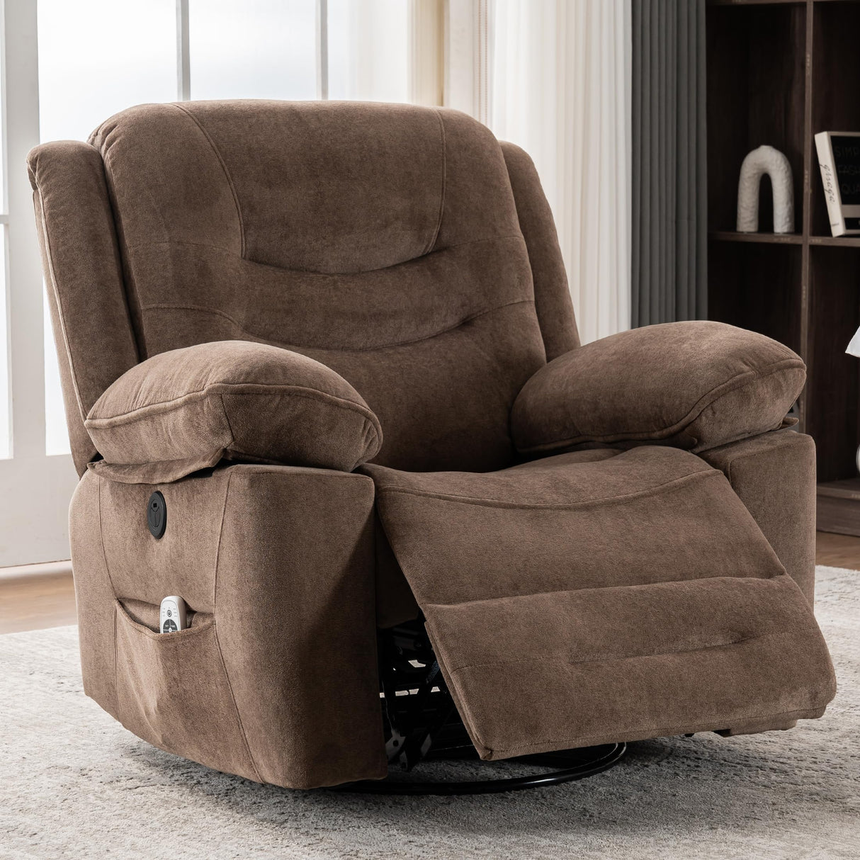 Ketaiyou Power Swivel Rocker Recliner with Massage and Heat, USB Port, Infinite Position, Overstuffed Electric Glider Rocking Chairs Living Room, Soft Fabric Reclining Sofa Chair(Mocha) Ketaiyou