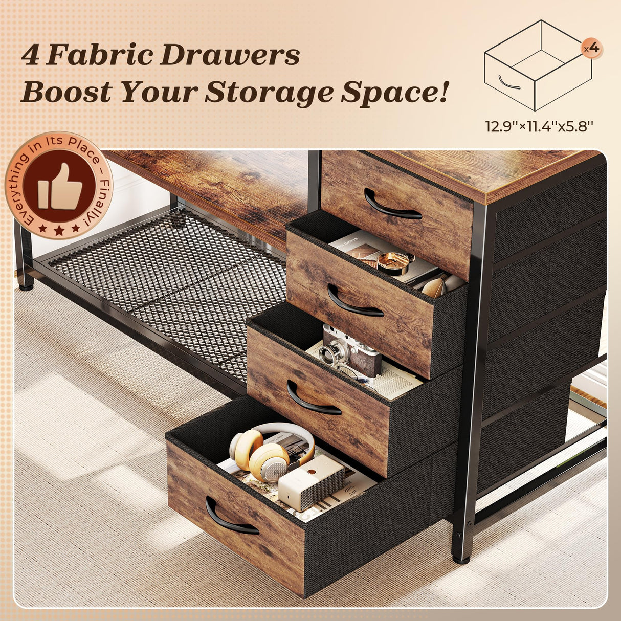 PRAISUN 53" L Shaped Desk with Power Outlets and USB-C Port, Reversible Computer Corner Office Desk with 4 Fabric Drawers and 2 Height-Adjustable Shelves, Large for Gaming Writing Study, Rustic Brown PRAISUN