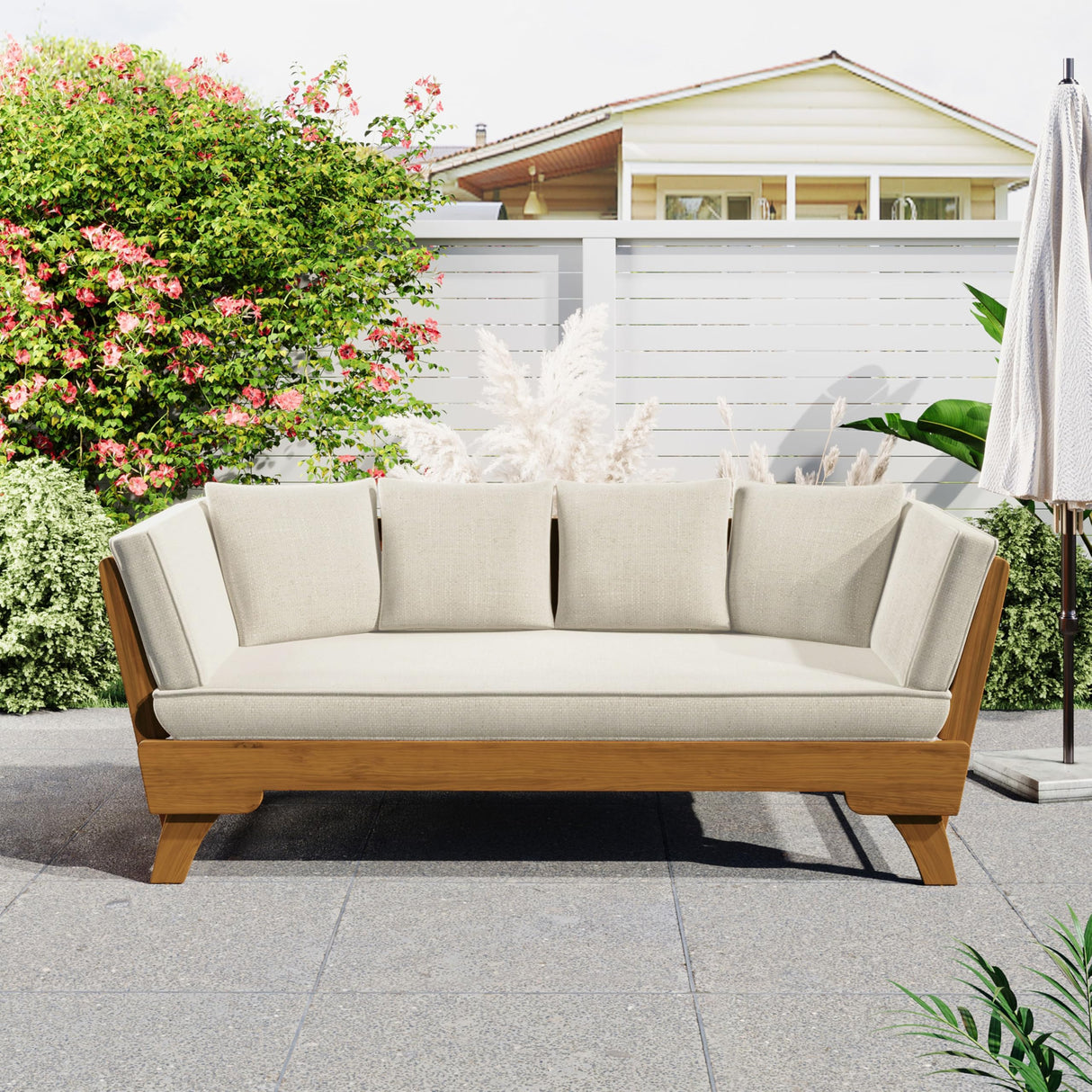 Christopher Knight Home Gary Patio Convertible Couch, Wooden Outdoor Daybed, 3-Seater Acacia Wood Patio Furniture Lounge Sofa for Backyard/Poolside/Garden, Back Pillow+Removable Cushion, Teak+ Beige Christopher Knight Home