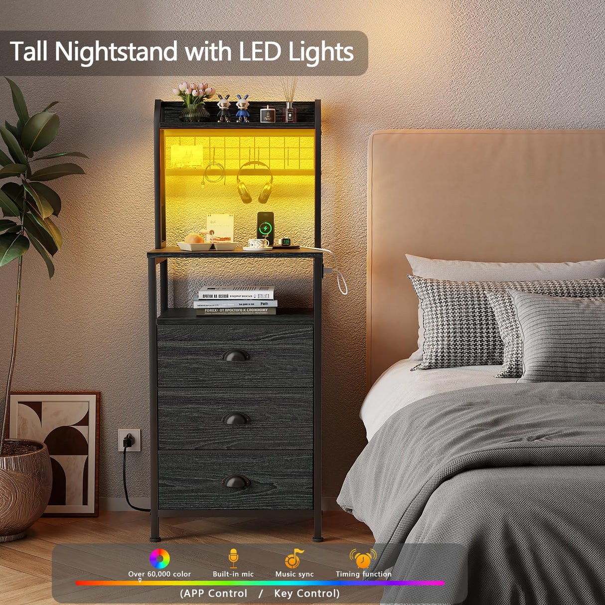 Furologee 44'' Tall Nightstand with Charging Station, Bedside Table with LED Lights, End Table with 3 Drawers and Storage Shelves, Night Stand with Pegboard for Bedroom, Black Oak Furologee