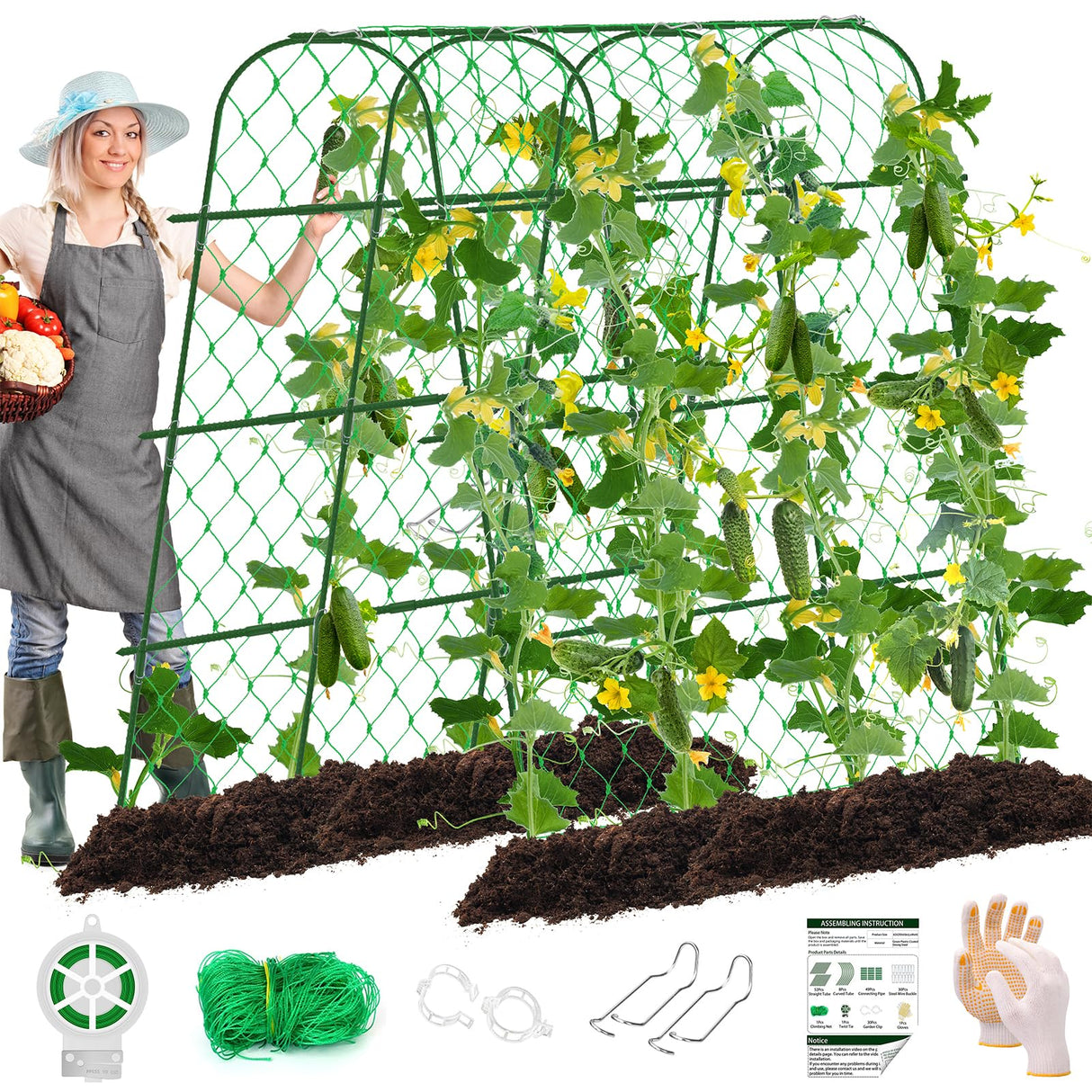 65"×65" Upgrade Heightened Cucumber Trellis for Raised Bed,U-Shape Garden Trellis for Climbing Plants Outdoor,Adjustable Metal Arch Vegetables Trellis with Climbing Net for Tomato,Bean,Grape,Zucchini WLLEYAY