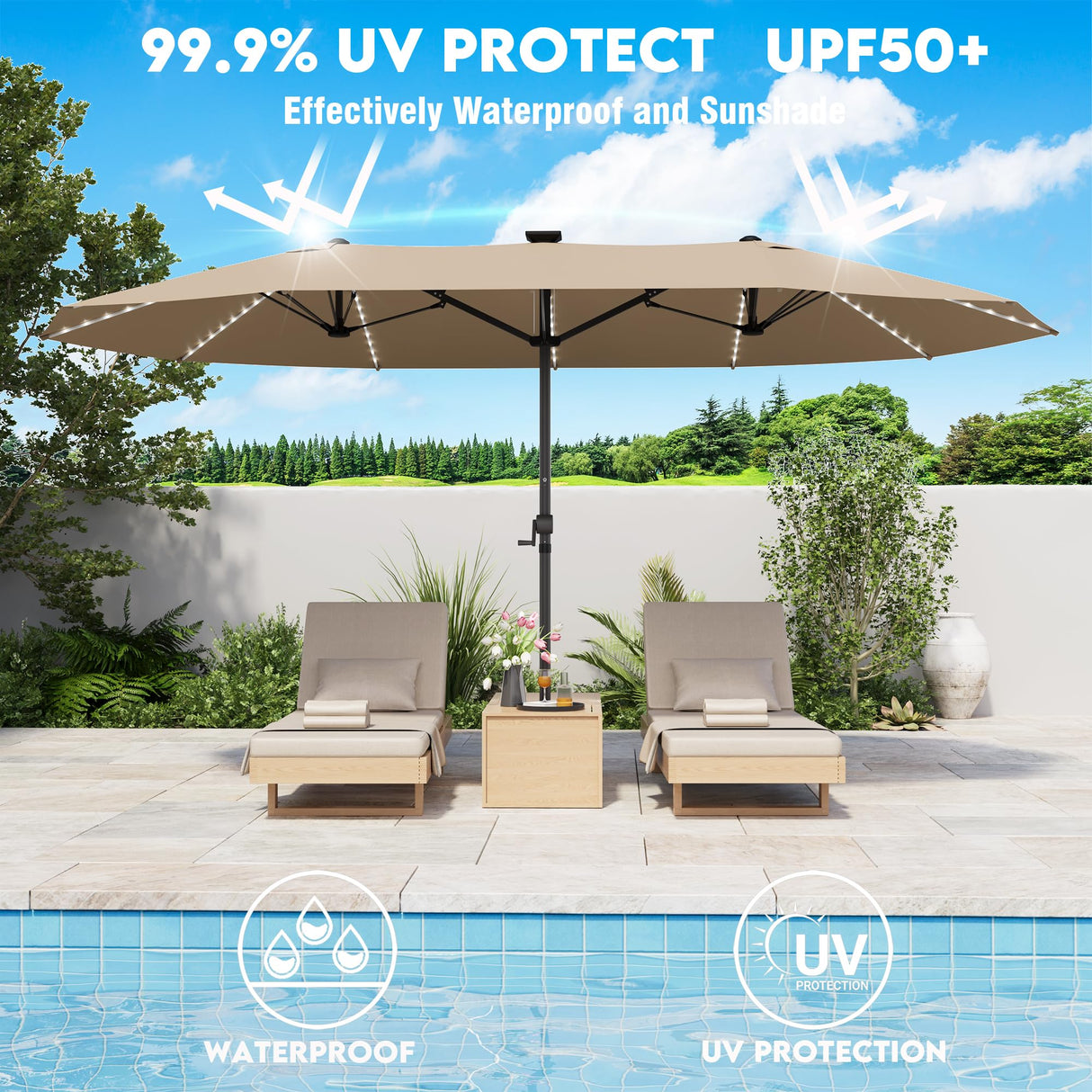 GDPFN 15ft Large Patio Umbrella with Solar Lights, Outdoor Double-Side Rectangular Umbrella, Backyard Pool Umbrella with LED Light for Deck, Outside, Market, Beige (Base Not Include) GDPFN