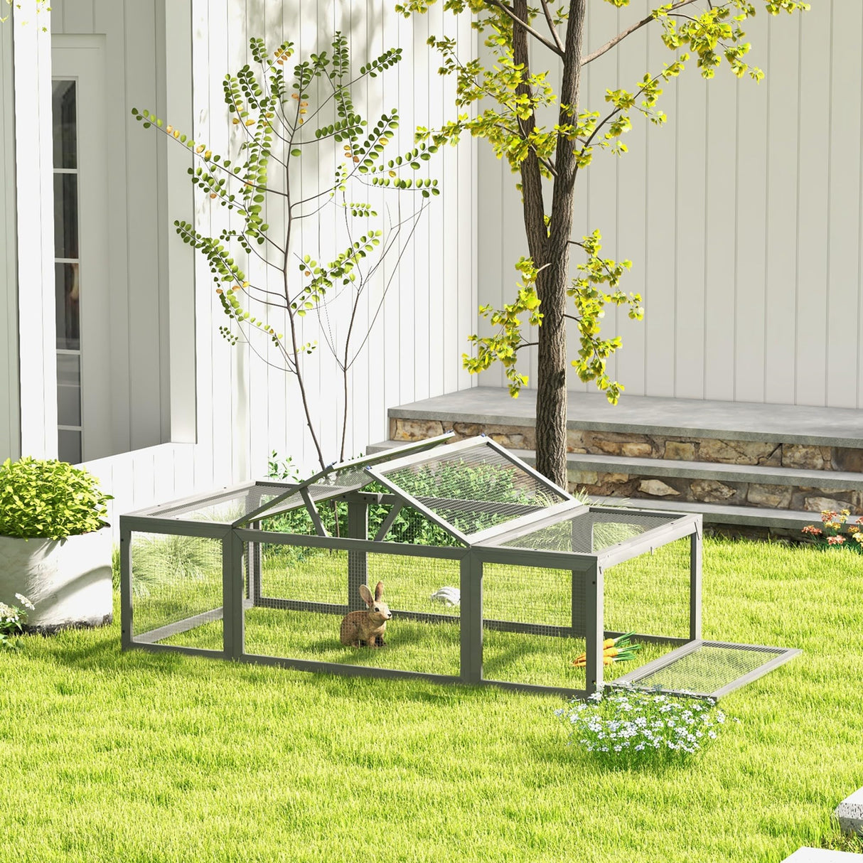 PawHut Large Wooden Rabbit Hutch Bunny Hutch Small Animal Habitat Enclosure Outdoor Run and Lockable Doors, Gray PawHut