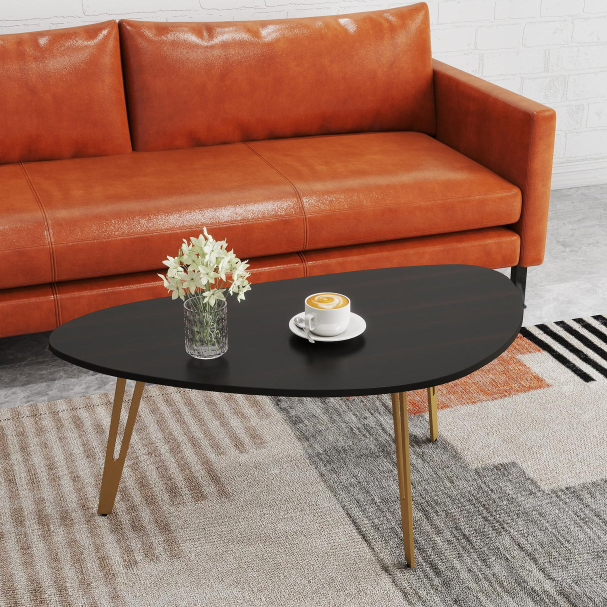 Manora Simple Dark Brown Oval Wood Coffee Table with Gold Legs, Modern Tea Table for Living Room or Office, Cute Small Center Table for Compact Space Manora