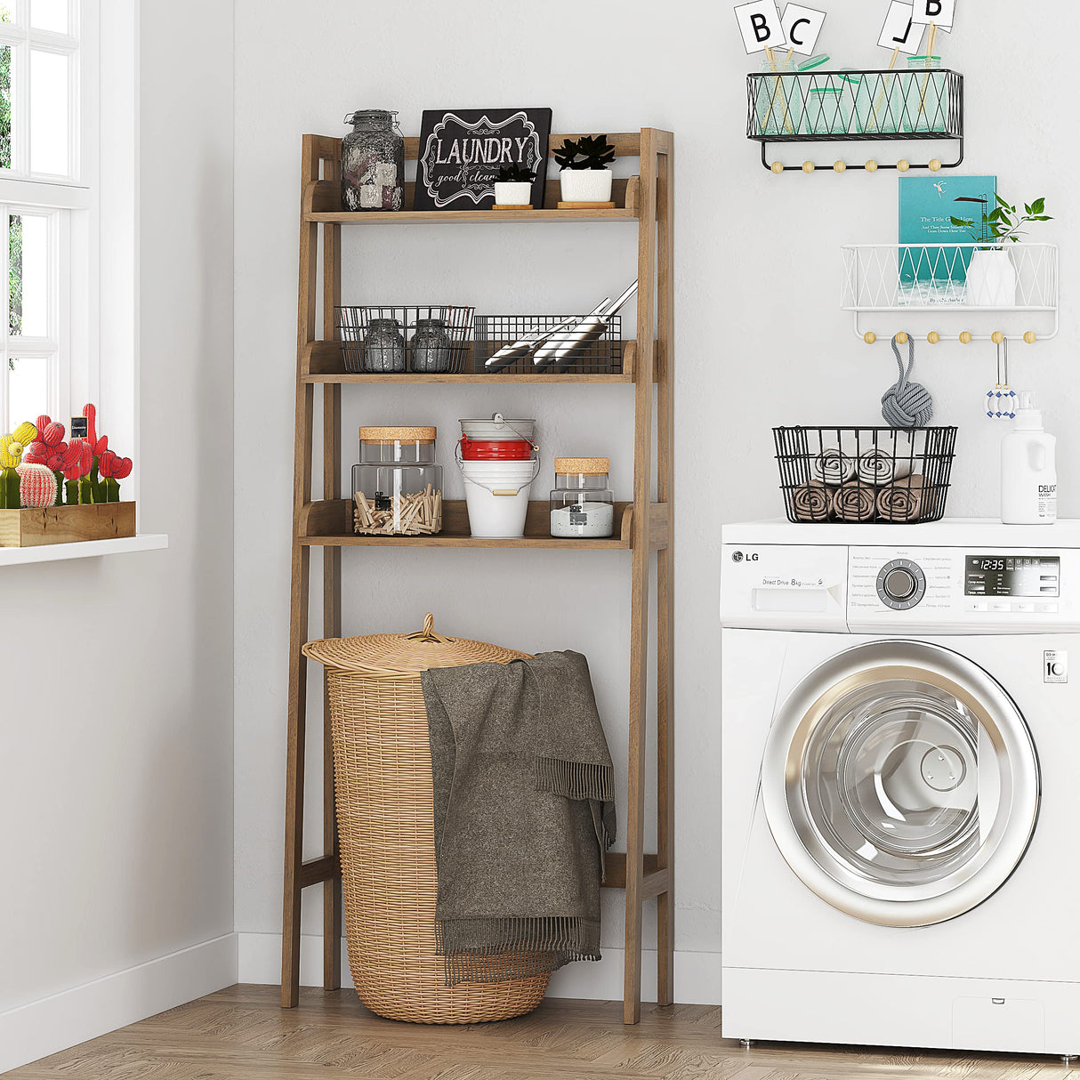 UTEX 3-Tier Over Toilet Storage Shelf - Stylish Wood Grain Bathroom Organizer UTEX