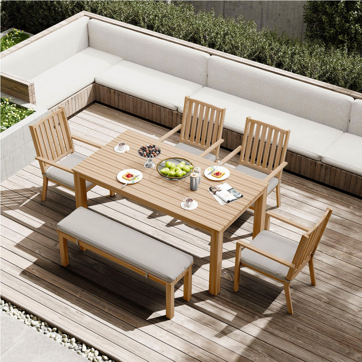 RoyalCraft Aluminum 6 Pieces Patio Dining Sets, Outdoor Dining Table with 4 Chairs and Bench, Outdoor Patio Dining Furniture Set with Removable Cushion for Lawn, Garden, Backyard, Brown RoyalCraft