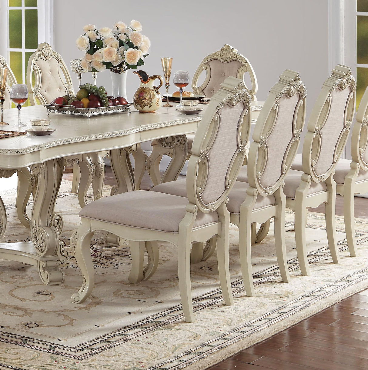 Kitchen Furniture Set 11pc Formal Dining Table Set includes 1 Table, 8 Side Chairs and 2 Arm Chairs, Set for 10 Persons (Antique White) WoodArtSupply