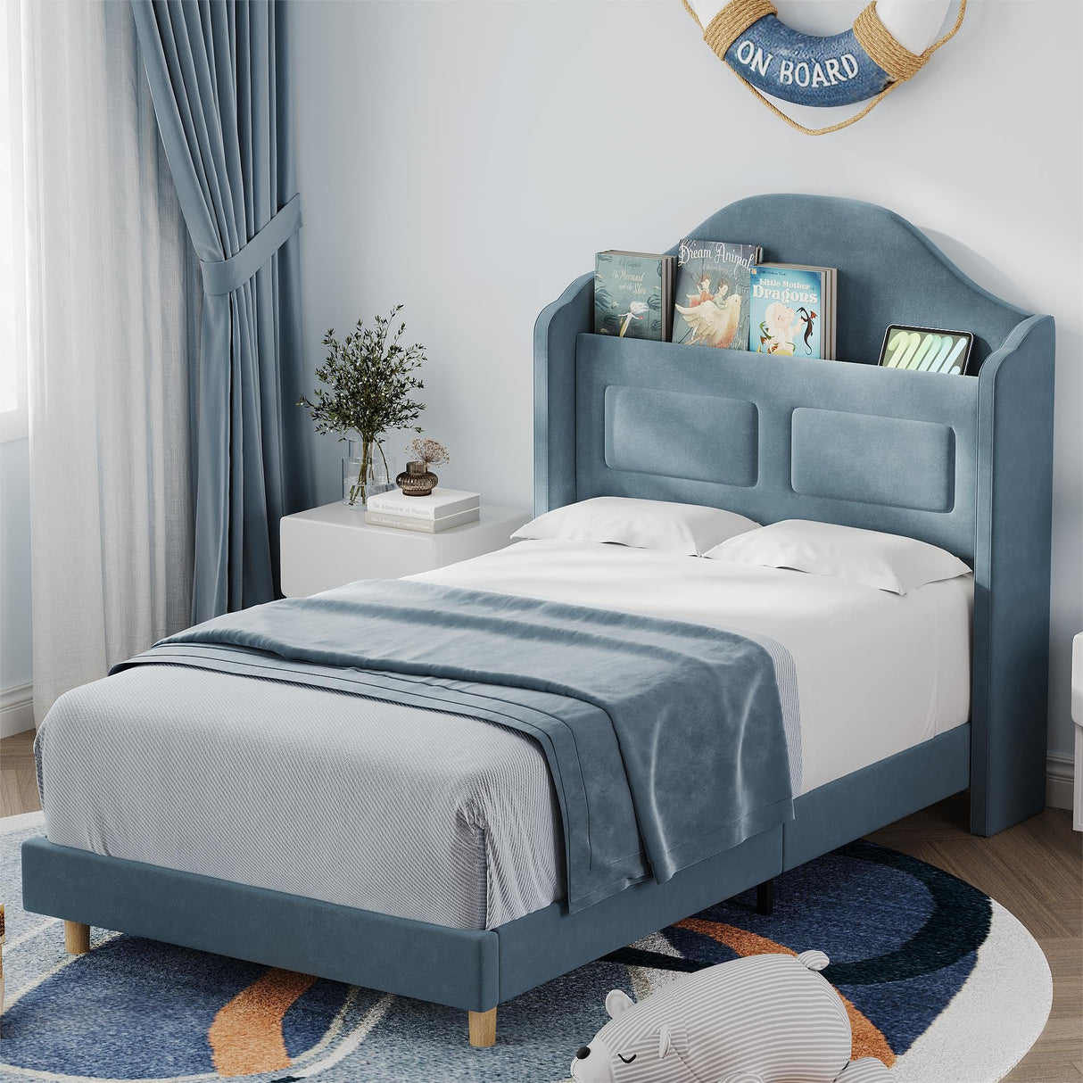 GarveeHome Upholstered Twin Bed Frame with LED Lights, Velvet Platform Bed Frame with Wing Back Storage Headboard, Wood Slats Support, No Box Spring Needed, Easy Assembly, Blue GarveeHome