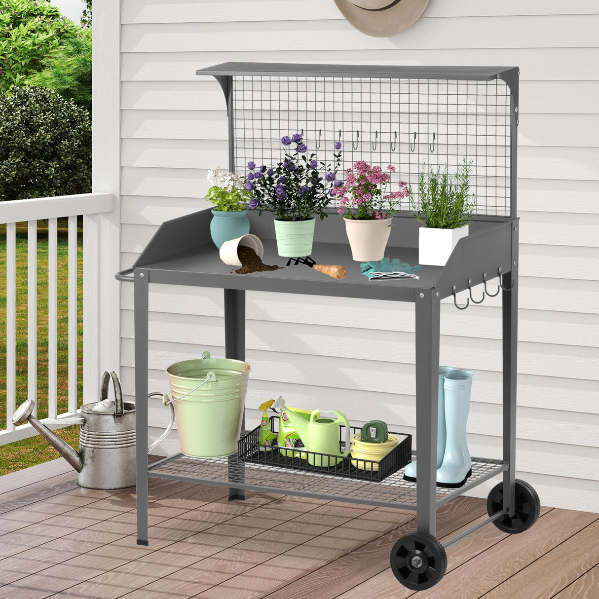 Outdoor Metal Potting Bench with Wheels, Heavy Duty Garden Workbench Table with Storage Shelf (Dark Gray, 52.8"x36.6") DDK