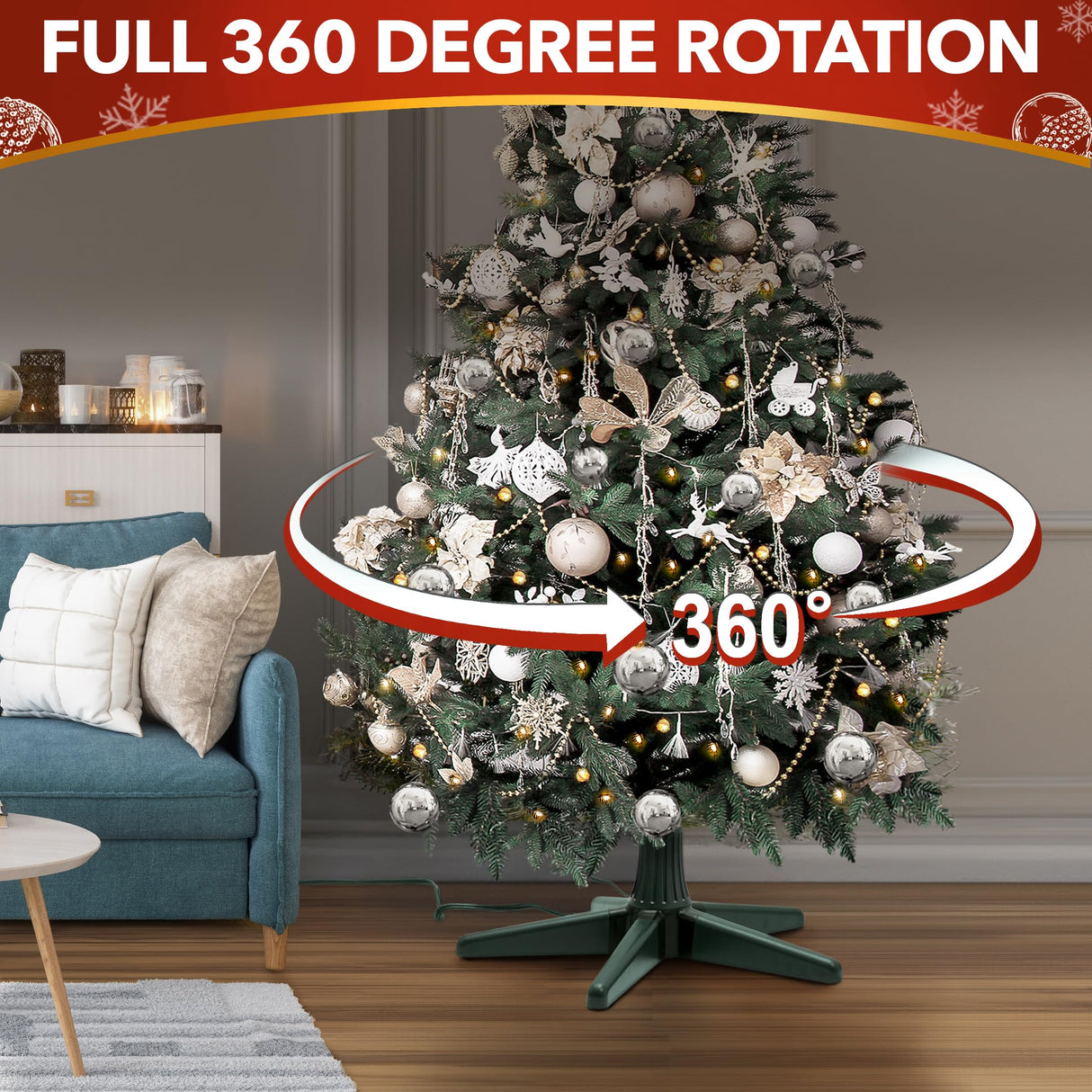 Stephan Roberts Rotating Christmas Tree Stand with 360° Rotation, 5 Legs, 3 Power Outlets, 3 Adjustable Size Attachments, 3-Setting Switch – Stable & Durable Holiday Tree Base (Green) Stephan Roberts