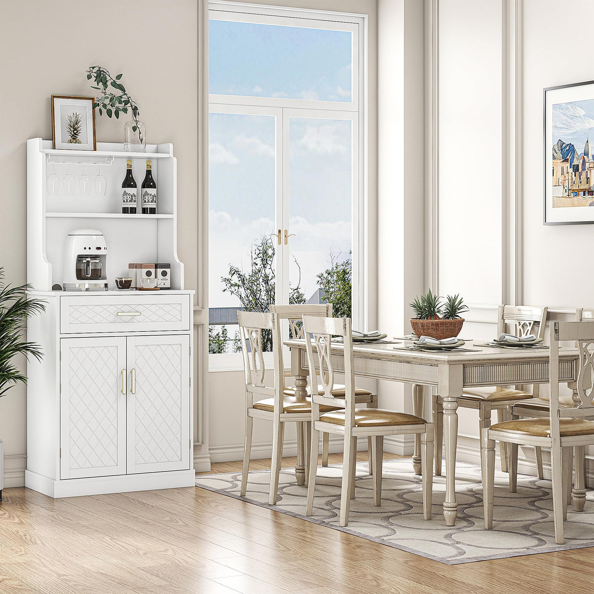 kepptory 66" Pantry Cabinet with Adjustable Shelves and Drawer, Freestanding Microwave Stand Bakers Rack with Wine Glass Holder, Kitchen Pantry Storage Cabinet for Home Office Use (White) kepptory