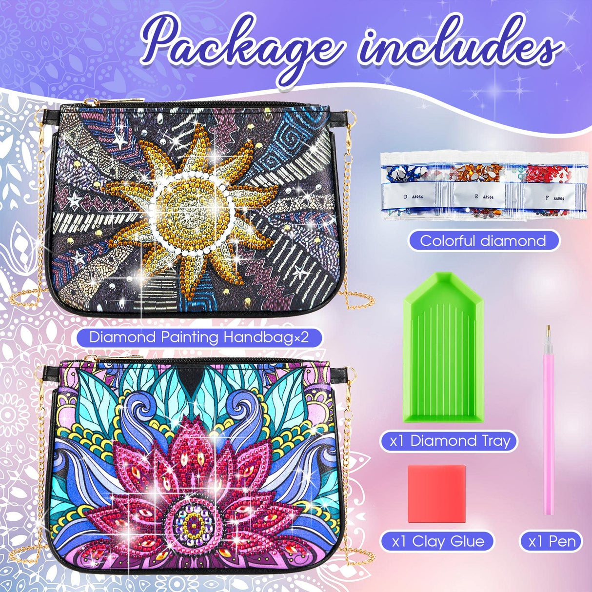Geyoga 2 Pcs Diamond Art Purses Handbag Diamond Art Kits for Adults Sunflower and Flower Crossbody Bag 5D DIY Shoulder Makeup Bag Chain Leather Clutch Purse Geyoga
