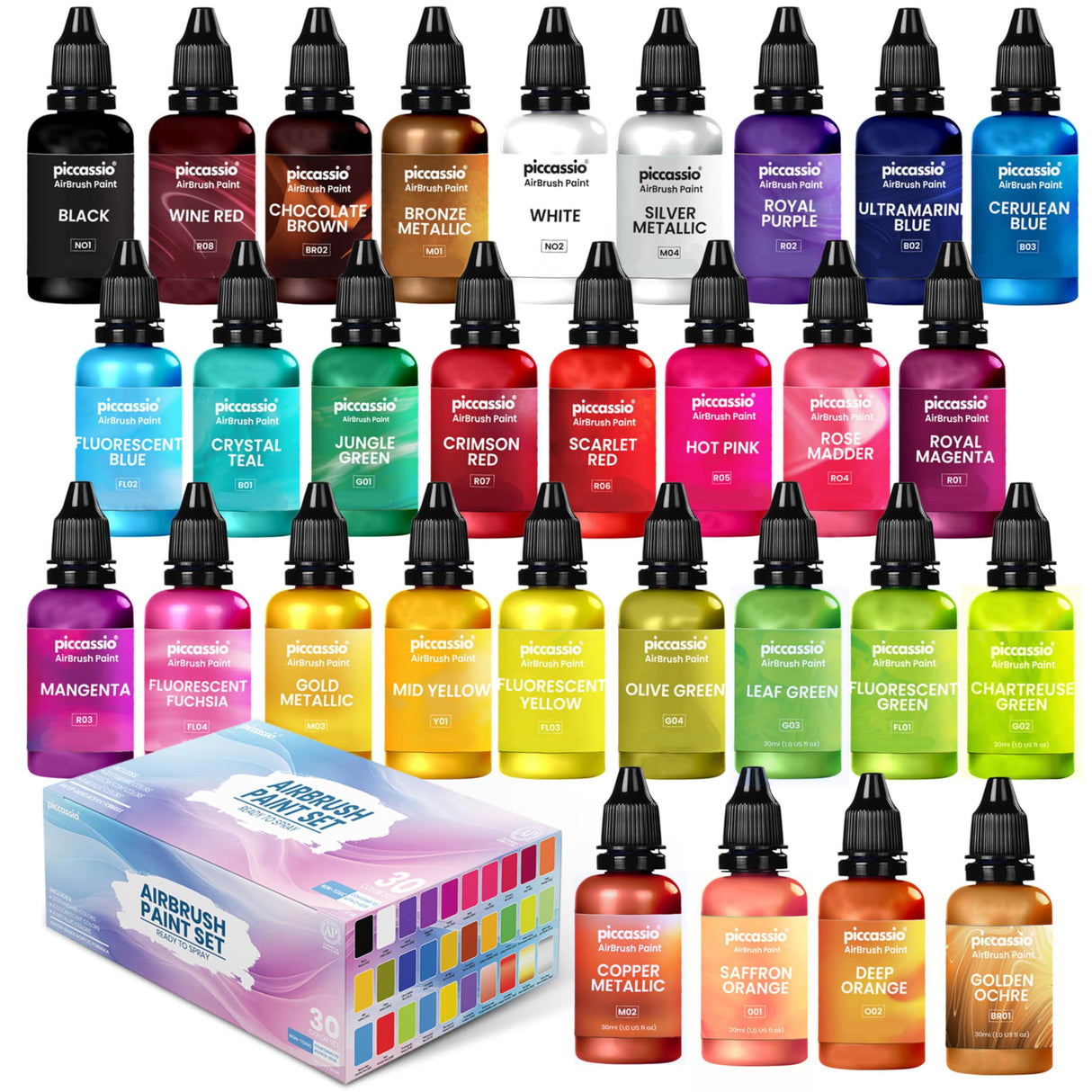 Airbrush Paint Set, 30 Water-Based, Quick-Drying Colors for Artists & Beginners, Ideal for Wood, Ceramic, Paper, Plaster, Canvas, Plastic (30 ml/bottle) Piccassio