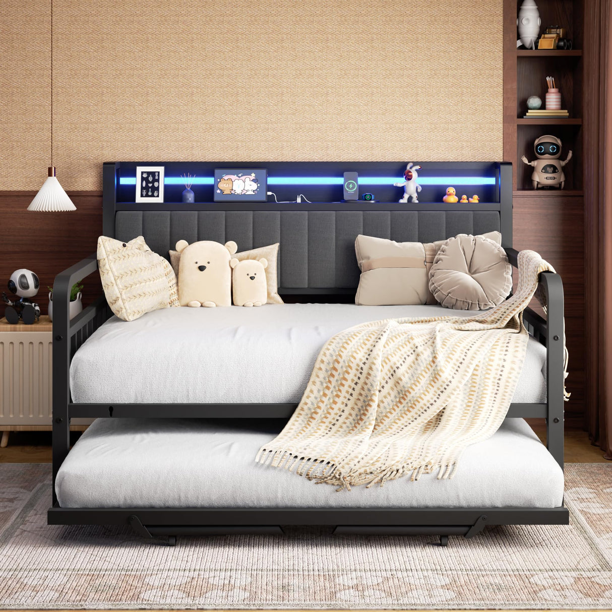 Daybed with Trundle and LED Light, Heavy Duty Metal Full Bed Frame with Upholstered Storage Headboard & Charging Station, Day Bed Pop Up Trundle Bed for Living Room,Bedroom and Guest Room, Black Jocoevol
