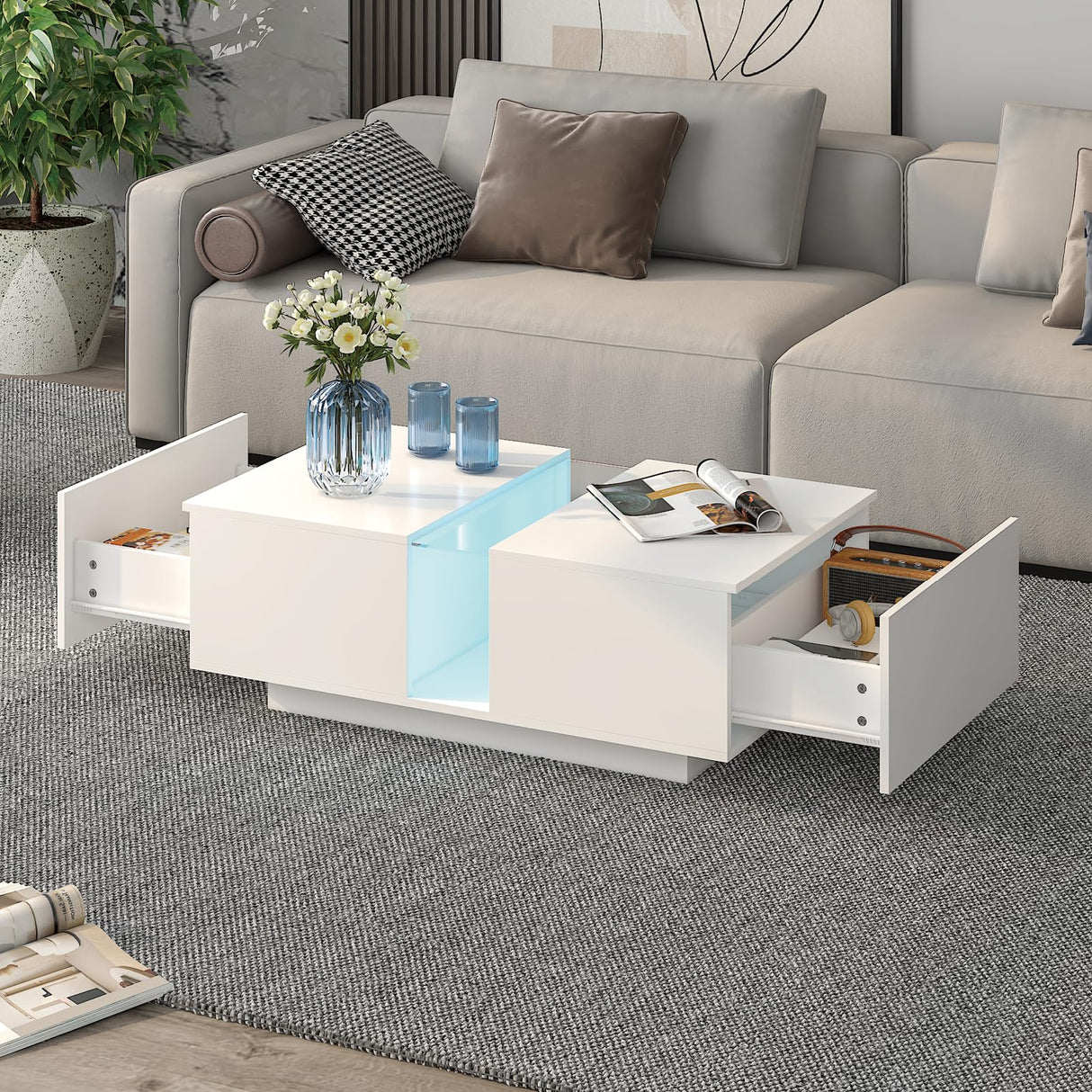 HedoAjim White Led Coffee Table for Living Room, Rectangular Living Room Table with Storage, Acrylic Coffee Tables with 2 Sliding Drawers, Wood Center Table for Reception Dinning Room HedoAjim